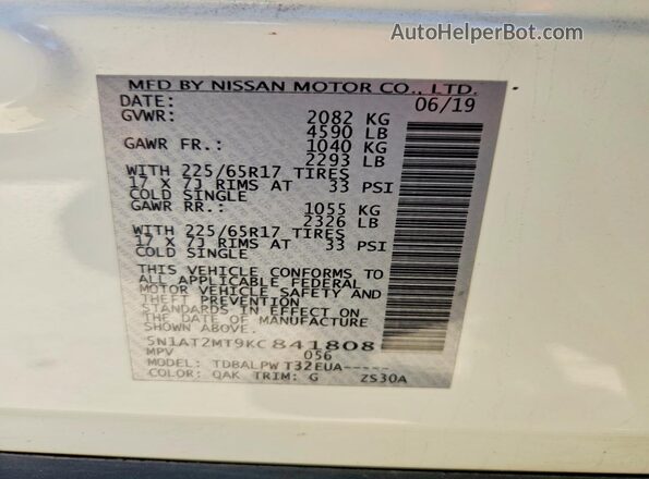 5N1AT2MT9KC841808 2019 NISSAN ROGUE White 