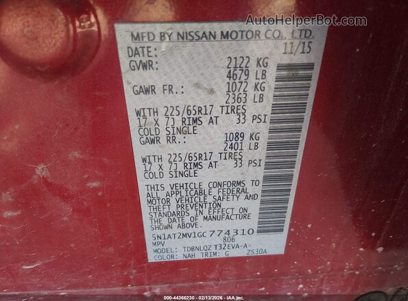 5N1AT2MV1GC774310 2016 NISSAN ROGUE Red Widok komory silnika