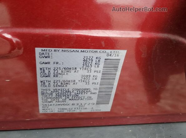 5N1AT2MV6GC831729 2016 NISSAN ROGUE Red Սալոնի 360 աստիճան տեսք
