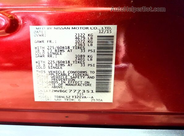 5N1AT2MV8GC777351 2016 NISSAN ROGUE Red Вид наклейки з VIN-кодом