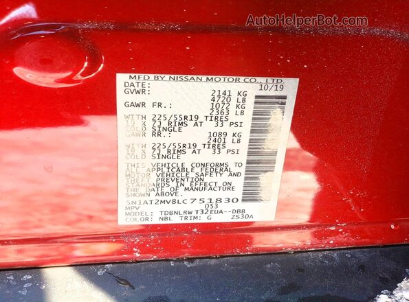5N1AT2MV8LC751830 2020 NISSAN ROGUE Красный Вид наклейки с VIN-кодом