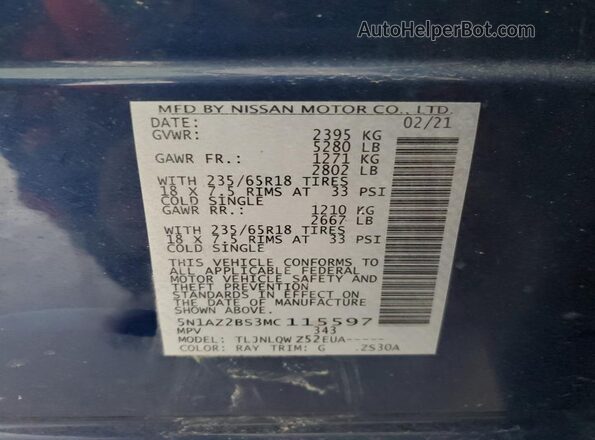 5N1AZ2BS3MC115597 2021 NISSAN MURANO Blue Панорамний вид салону 360°