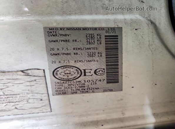 5N1AZ2CS3MC105747 2021 NISSAN MURANO White 