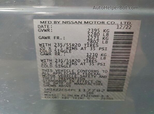 5N1AZ2CS4PC117782 2023 NISSAN MURANO Gray VIN კოდის სტიკერის ხედი