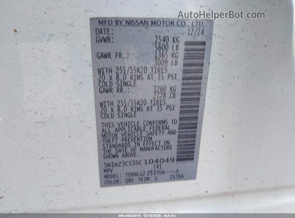 5N1AZ3CS3SC104049 2025 NISSAN MURANO White Շարժիչի բաժամունքի տեսք