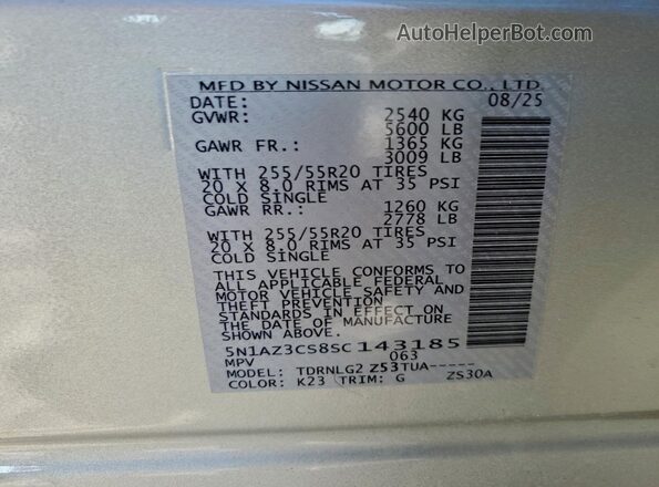 5N1AZ3CS8SC143185 2025 NISSAN MURANO Silver VIN կոդի պիտակի տեսք