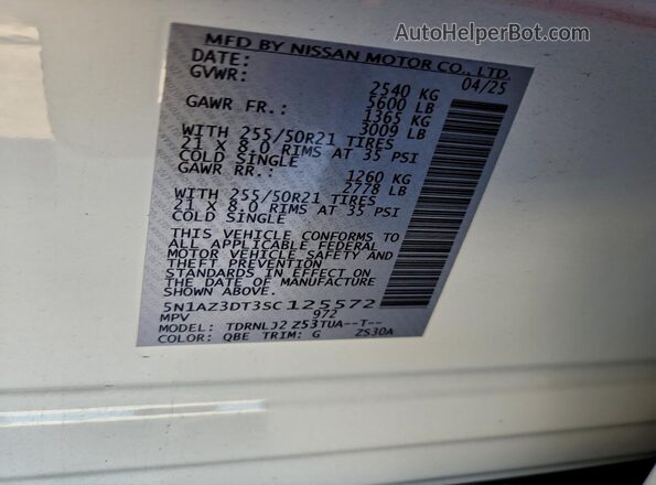5N1AZ3DT3SC125572 2025 NISSAN MURANO White Widok naklejki z numerem VIN