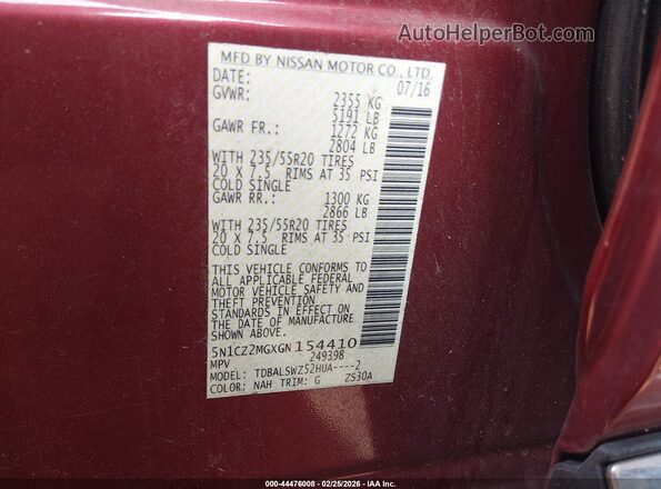 5N1CZ2MGXGN154410 2016 NISSAN MURANO HYBRID Красный Вид подкапотного пространства