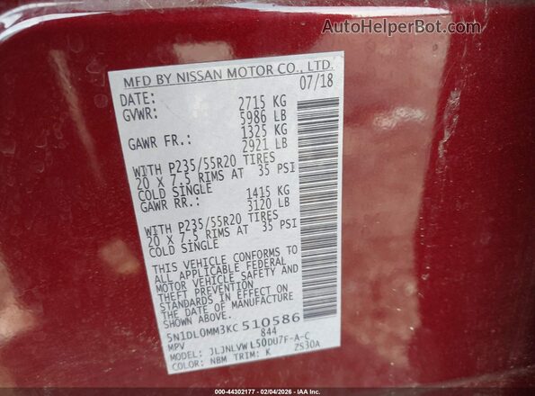 5N1DL0MM3KC510586 2019 INFINITI QX60 Burgundy Շարժիչի բաժամունքի տեսք