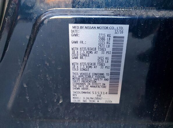 5N1DL0MN4HC515314 2017 INFINITI QX60 Blue Vista del compartimento del motor