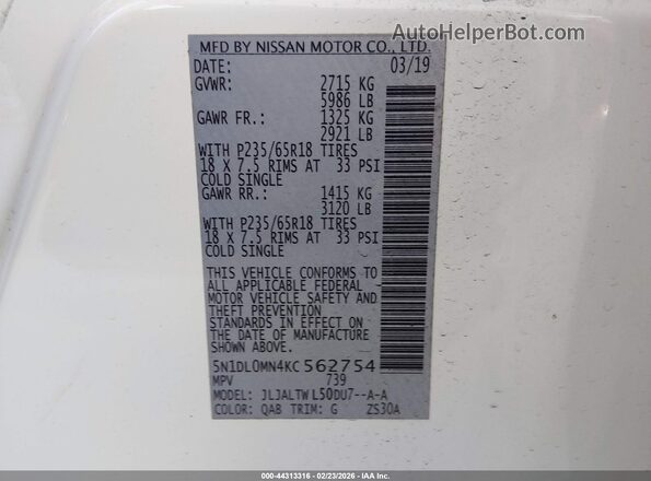 5N1DL0MN4KC562754 2019 INFINITI QX60 White Շարժիչի բաժամունքի տեսք