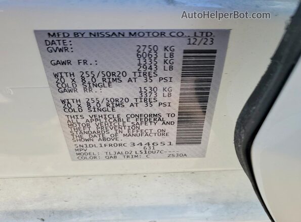 5N1DL1FR0RC344651 2024 INFINITI QX60 White VIN կոդի պիտակի տեսք
