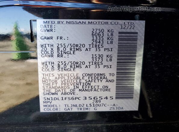 5N1DL1FS6PC356545 2023 INFINITI QX60 Black Vista de la etiqueta del VIN