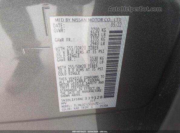 5N1DL1FS8NC339128 2022 INFINITI QX60 Gray 