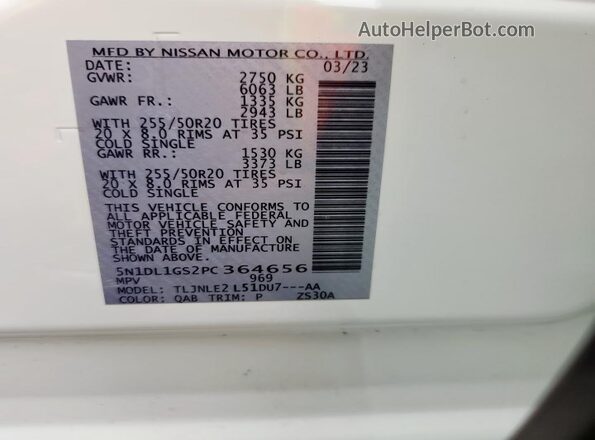 5N1DL1GS2PC364656 2023 INFINITI QX60 White VIN კოდის სტიკერის ხედი