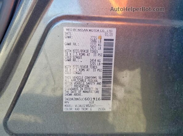 5N1DR2BN5LC601916 2020 NISSAN PATHFINDER Gray Widok naklejki z numerem VIN