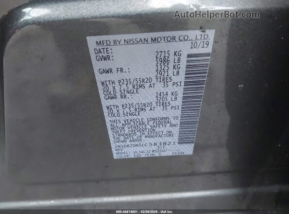 5N1DR2DN5LC583821 2020 NISSAN PATHFINDER Gray Widok komory silnika