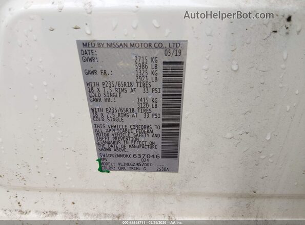 5N1DR2MM0KC637046 2019 NISSAN PATHFINDER Белый Вид подкапотного пространства