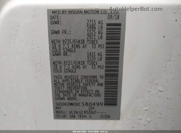 5N1DR2MM3KC580499 2019 NISSAN PATHFINDER White Շարժիչի բաժամունքի տեսք