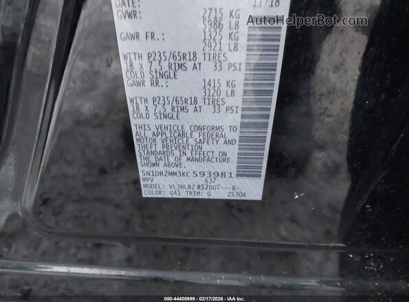 5N1DR2MM3KC593981 2019 NISSAN PATHFINDER Black Շարժիչի բաժամունքի տեսք