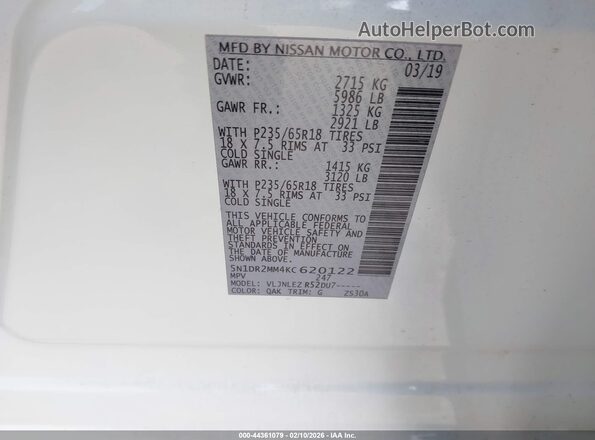 5N1DR2MM4KC620122 2019 NISSAN PATHFINDER White Вид підкапотного простору