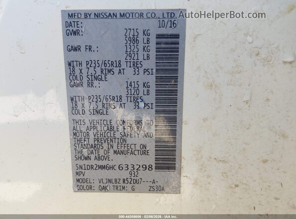 5N1DR2MM6HC633298 2017 NISSAN PATHFINDER White 