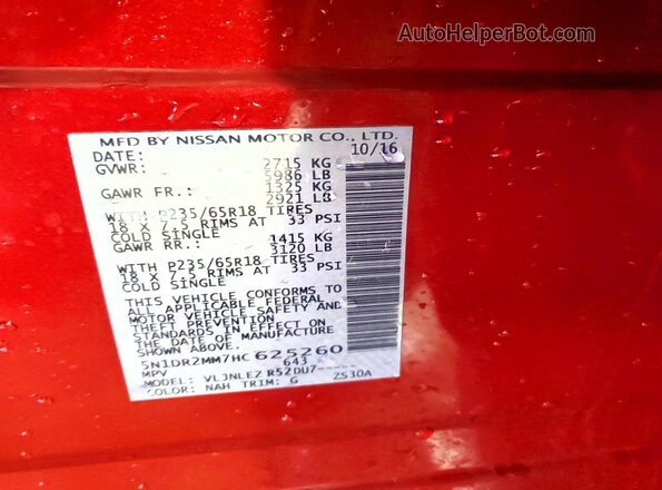 5N1DR2MM7HC625260 2017 NISSAN PATHFINDER Red Widok naklejki z numerem VIN