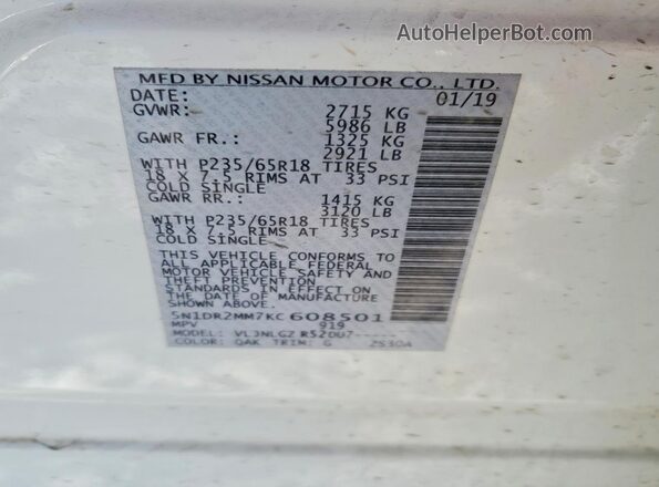 5N1DR2MM7KC608501 2019 NISSAN PATHFINDER White VIN կոդի պիտակի տեսք