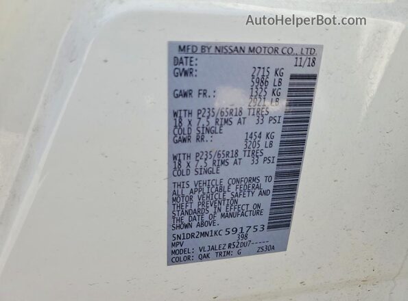 5N1DR2MN1KC591753 2019 NISSAN PATHFINDER White VIN კოდის სტიკერის ხედი