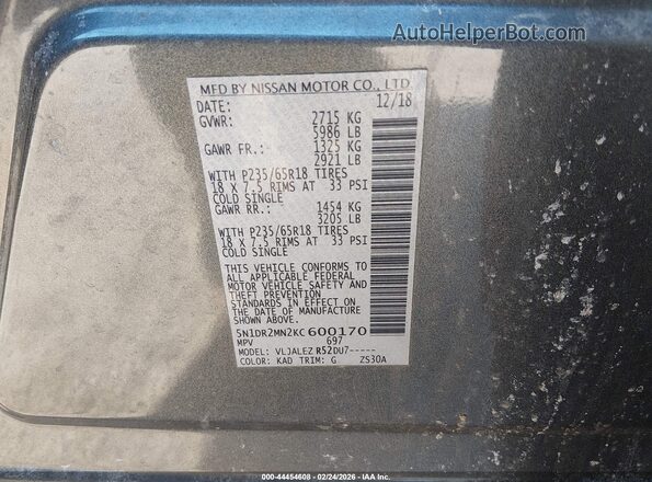 5N1DR2MN2KC600170 2019 NISSAN PATHFINDER Gray 