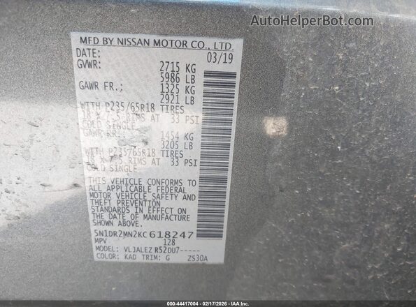 5N1DR2MN2KC618247 2019 NISSAN PATHFINDER Gray 