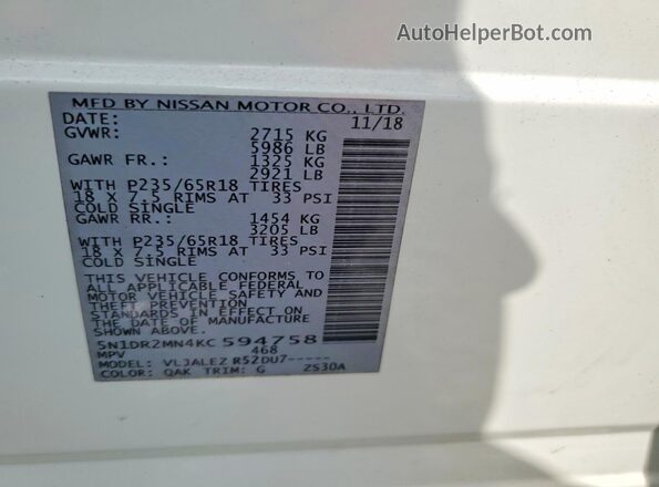 5N1DR2MN4KC594758 2019 NISSAN PATHFINDER White 