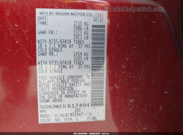 5N1DR2MN5JC617494 2018 NISSAN PATHFINDER Burgundy Vista del compartimento del motor