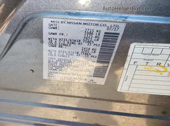 5N1DR2MN6HC908080 2017 NISSAN PATHFINDER Серый Вид наклейки с VIN-кодом