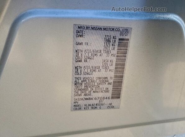 5N1DR2MN8HC670846 2017 NISSAN PATHFINDER Silver VIN კოდის სტიკერის ხედი