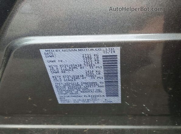 5N1DR2MN9KC640004 2019 NISSAN PATHFINDER Gray 