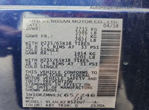 5N1DR2MNXJC657246 2018 NISSAN PATHFINDER Blue Սալոնի 360 աստիճան տեսք