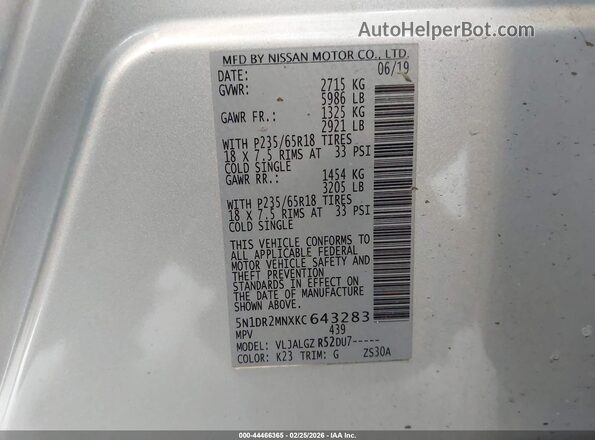 5N1DR2MNXKC643283 2019 NISSAN PATHFINDER Silver 