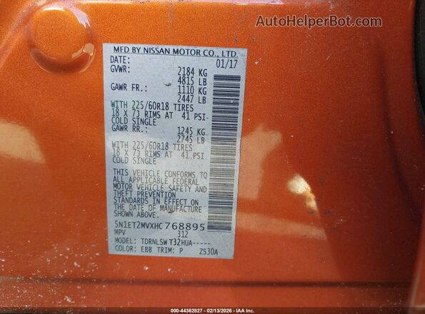 5N1ET2MVXHC768895 2017 NISSAN ROGUE HYBRID Orange Engine compartment view