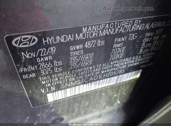 5NMS3CAD1LH205785 2020 HYUNDAI SANTA FE Black Շարժիչի բաժամունքի տեսք