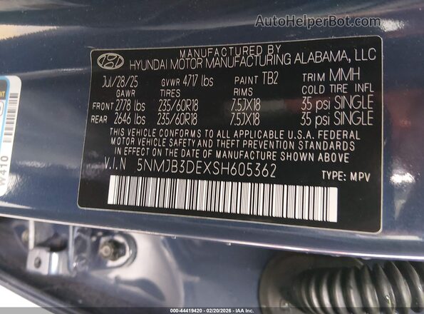 5NMJB3DEXSH605362 2025 HYUNDAI TUCSON Dark Blue ძრავის განყოფილების ხედი