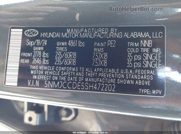 5NMJCCDE5SH472202 2025 HYUNDAI TUCSON Gray Vista del compartimento del motor
