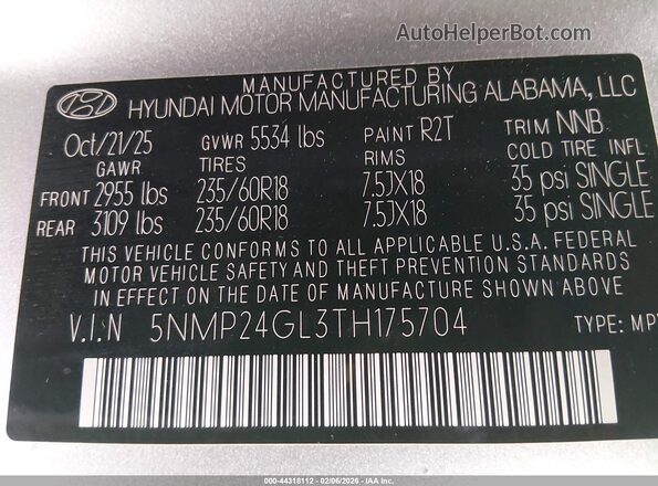 5NMP24GL3TH175704 2026 HYUNDAI SANTA FE Серый Вид подкапотного пространства