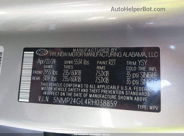 5NMP24GL4RH038859 2024 HYUNDAI SANTA FE Silver Engine compartment view