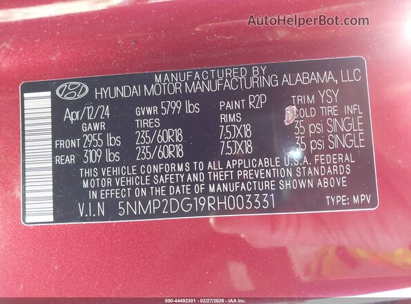 5NMP2DG19RH003331 2024 HYUNDAI SANTA FE HYBRID Red Vista del compartimento del motor