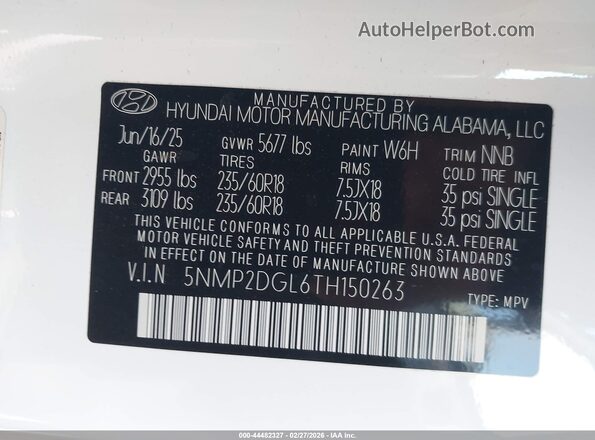 5NMP2DGL6TH150263 2026 HYUNDAI SANTA FE White Շարժիչի բաժամունքի տեսք