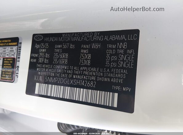 5NMP2DGLXSH142682 2025 HYUNDAI SANTA FE White Vista del compartimento del motor