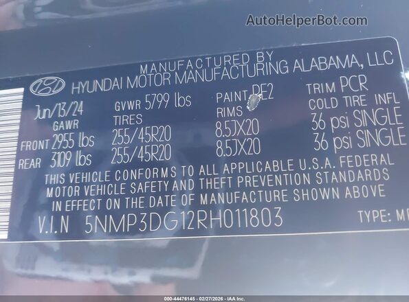 5NMP3DG12RH011803 2024 HYUNDAI SANTA FE HYBRID Gray Widok komory silnika