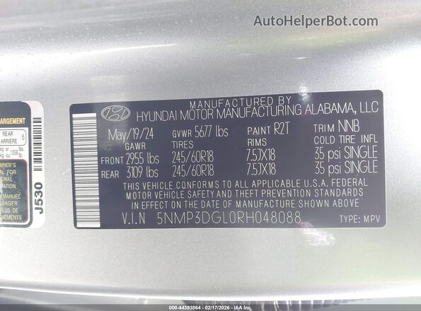 5NMP3DGL0RH048088 2024 HYUNDAI SANTA FE Silver Vista del compartimento del motor