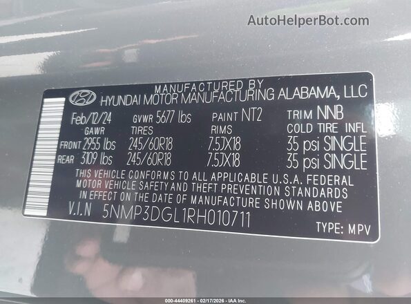 5NMP3DGL1RH010711 2024 HYUNDAI SANTA FE Gray Vista del compartimento del motor